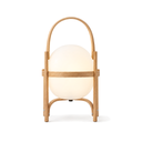Lucien Modern Glass Lantern Table Lamp in Light Wood on a white background