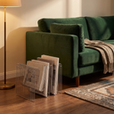 Quinn wire magazine rack beside a velvet sofa