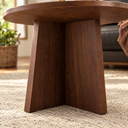 Astrid Nordic Round Side Table base detail showing two walnut panels crossed at the center