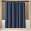 Solid Color Linen Look Shower Curtain in Navy Blue styled in a modern Nordic bathroom