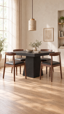 Dining room with Everett dining chairs around the Margaux dining table under the Rhea pendant