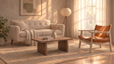 Living room with the Delphine loveseat, Harlow coffee table, Thorne lounge chair and Maren floor lamp in early morning light