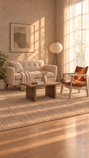 Living room with the Delphine loveseat, Harlow coffee table, Thorne lounge chair and Maren floor lamp in early morning light